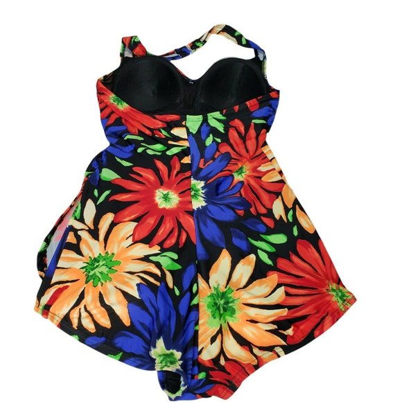 Beach Bay 1 piece Swimsuit S 10 Black Flower Print Good Coverage Colorful Halter - Picture 3 of 6